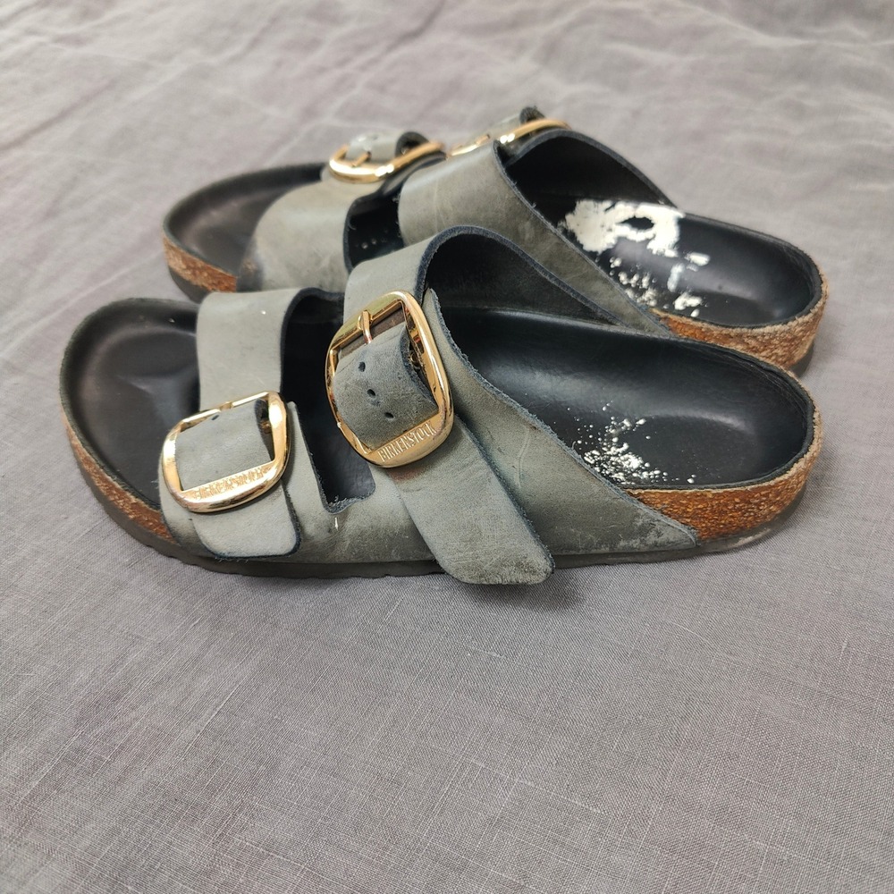 Birkenstock Arizona Big Buckle Sandals Women 39 US 8 Grey Leather Gold Hardware - Picture 7 of 11